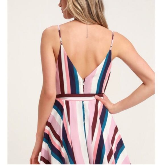 Lulu’s | Spreading Joy Striped Mini Skater Dress Pink Multi Medium - Picture 2 of 7
